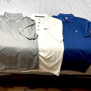 3 men’s polo t shirts Adidas, nike, Izod all Medium grey white and Navy Blue